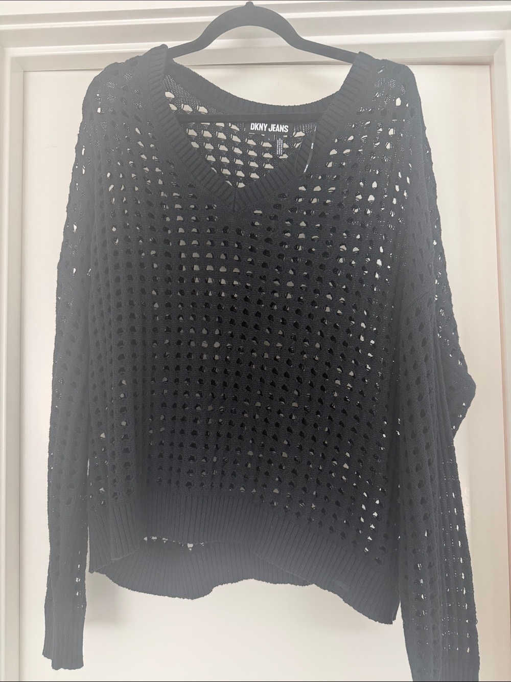 DKNY Black Open-Weave V-Neck Sweater NEW NO TAGS